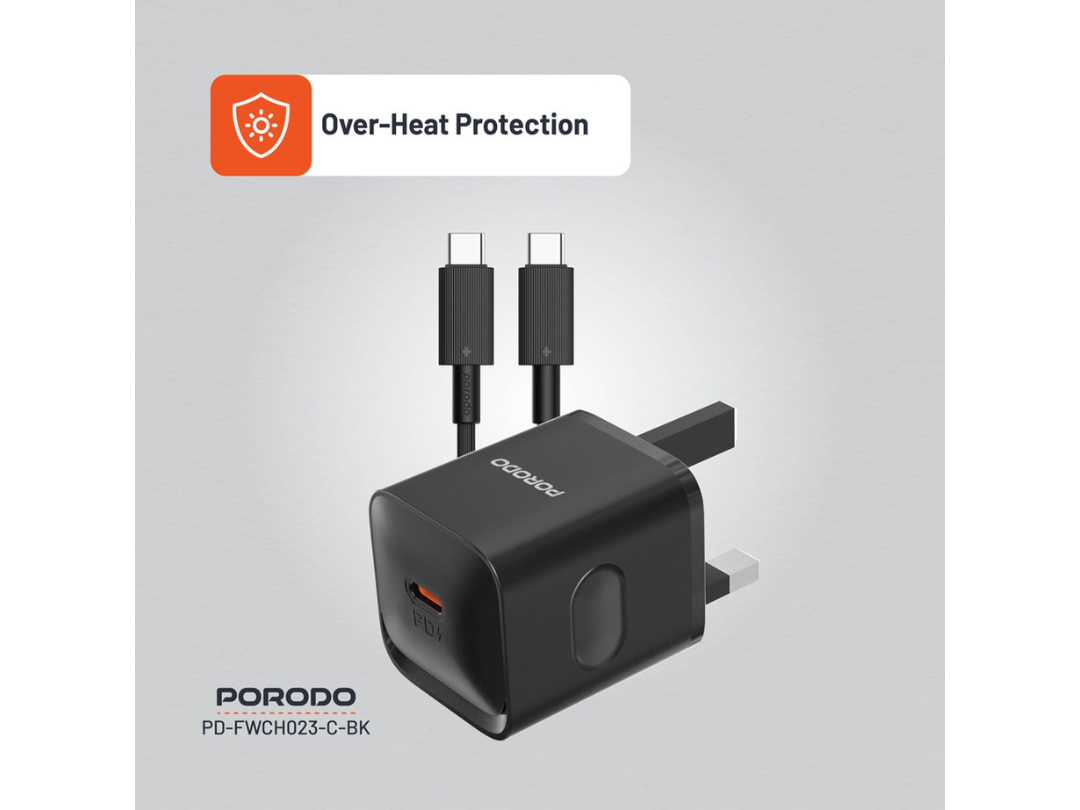 Porodo USB-C Power Delivery Wall Charger with Type-C Cable - Black Porodo USB-C Power Delivery Wall Charger with Type-C Cable - Black